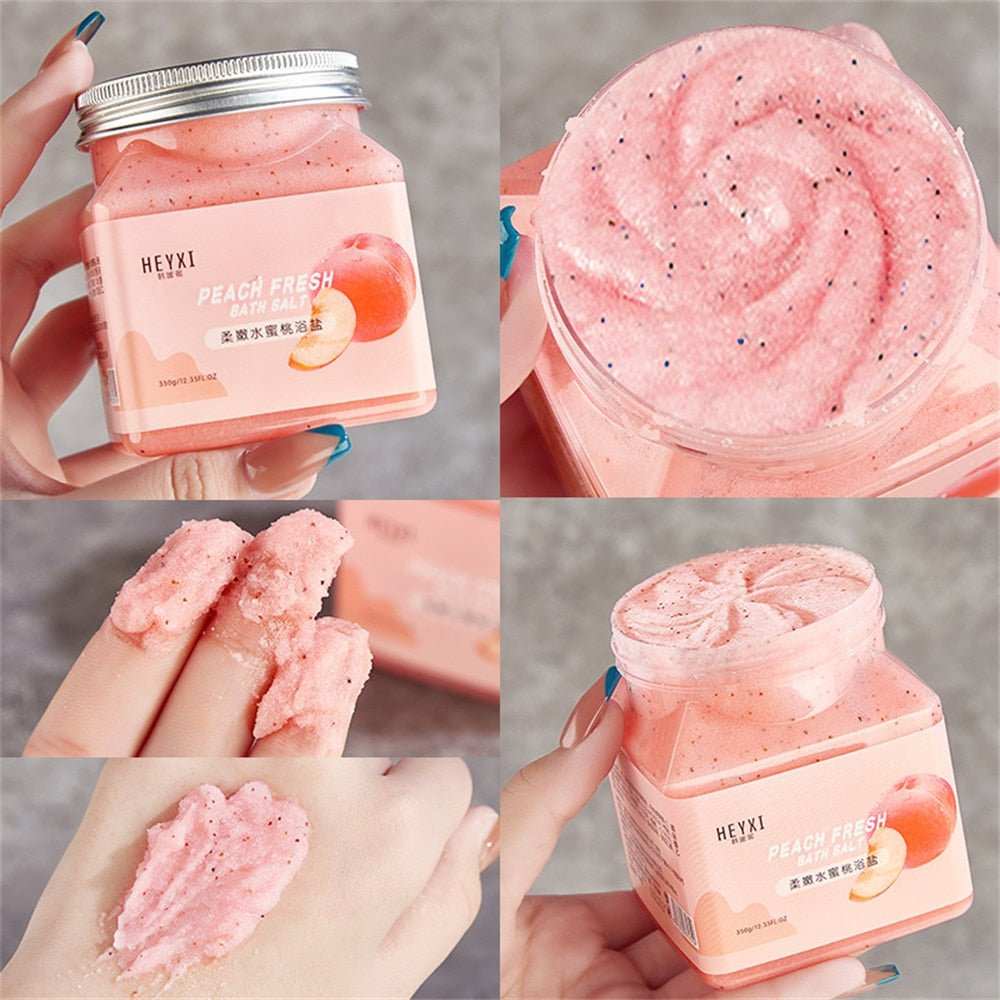 Body Bath Salt Cleansing in peach scent, luxurious exfoliating scrub in a jar.