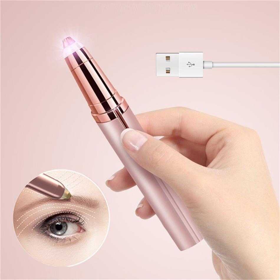 USB Eyebrow Mini Shaver held in hand with USB charging cable, ideal for painless and smooth eyebrow grooming.