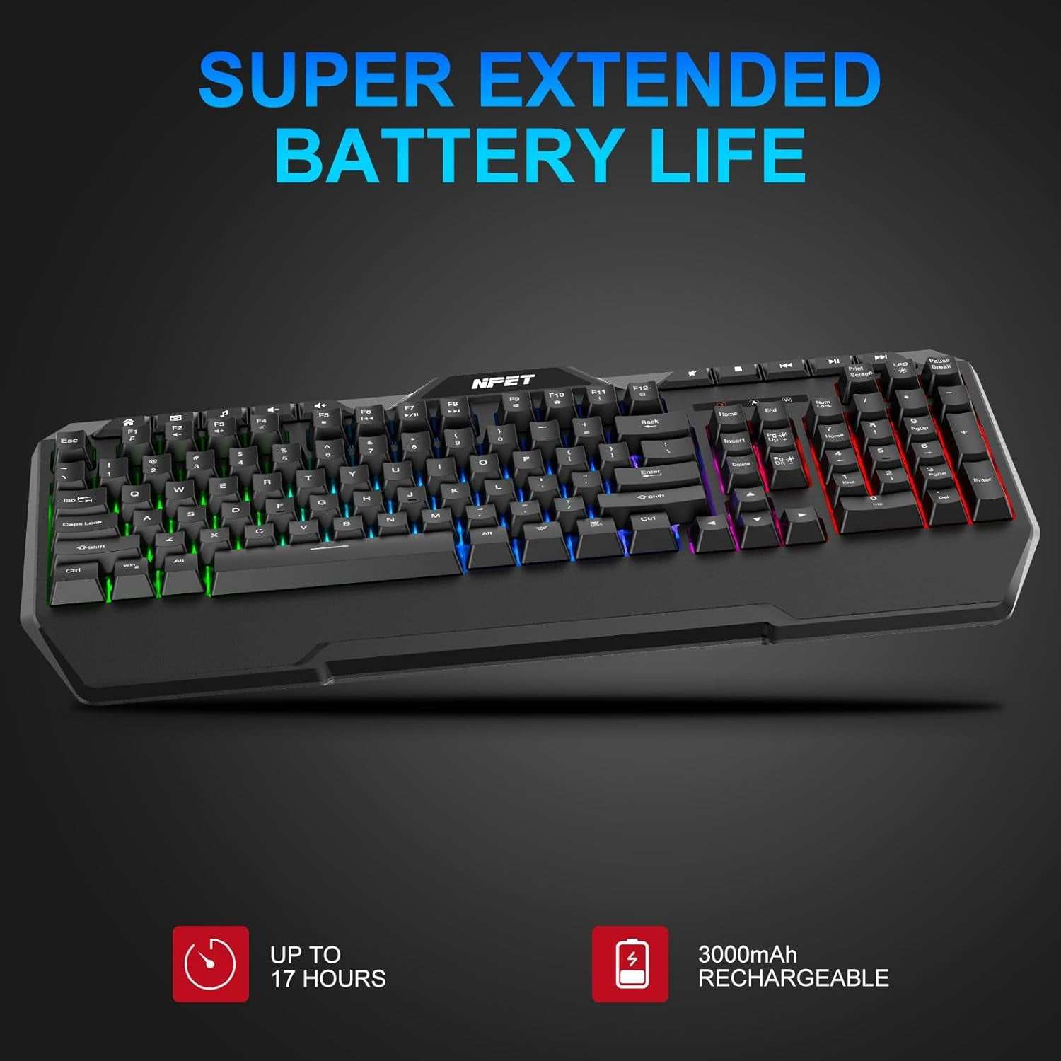 K32 Wireless Gaming Keyboard RGB with Wrist Rest - Long-Lasting Rechargeable Battery - Quick and Quiet Typing - Water Resistant Backlit Wireless Keyboard for PC PS5 PS4 Xbox One Mac - Black