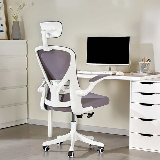 Dedeo ergonomic office chair with high back mesh, adjustable lumbar support, headrest, and thick seat cushion in a modern home office setting