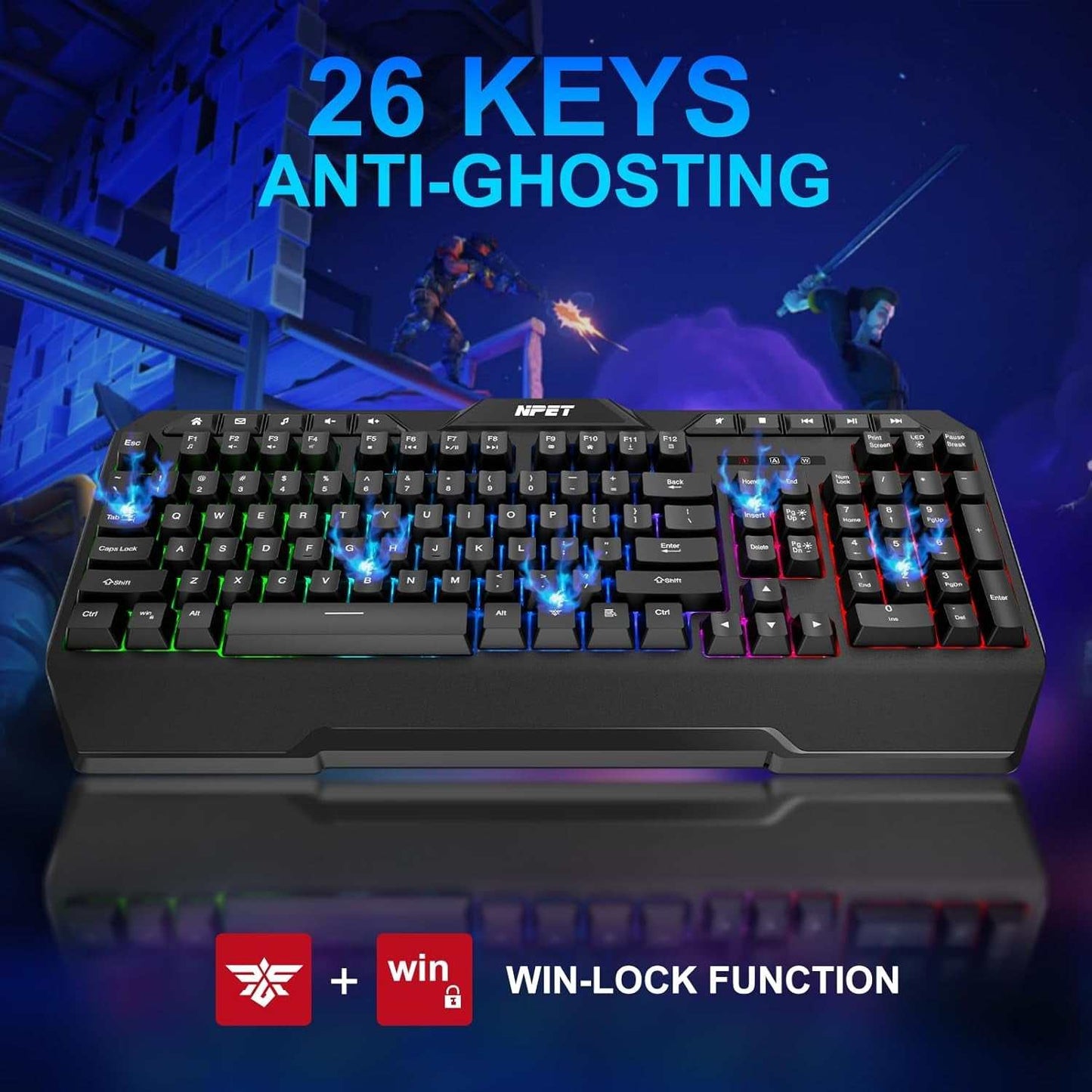 K32 Wireless Gaming Keyboard RGB with Wrist Rest - Long-Lasting Rechargeable Battery - Quick and Quiet Typing - Water Resistant Backlit Wireless Keyboard for PC PS5 PS4 Xbox One Mac - Black