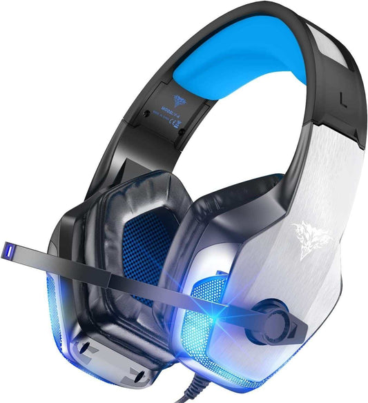 Blue over-ear wired gaming headset with noise cancellation microphone and LED lights, designed for PC and console gaming.