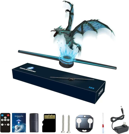 3D hologram fan displaying a flying dragon projection with remote control, memory card, screws, and power adapter included in the package.