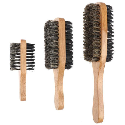 Men's boar bristle beard brushes with natural wooden handles in three sizes for grooming and styling beards.
