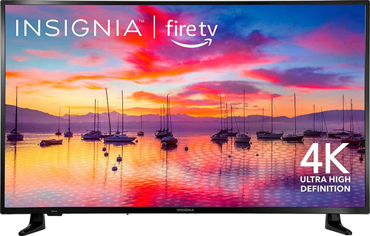 50-Inch Class F30 Series Insignia 4K UHD Smart Fire TV with Alexa voice control and DTS Studio Sound displaying colorful sunset over boats on water
