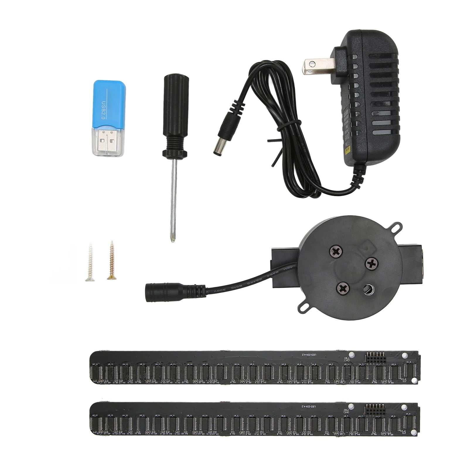 3D hologram fan accessories including power adapter, screwdriver, USB card reader, screws, and LED light strips for 3D projector setup