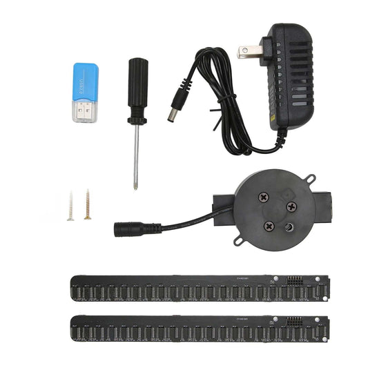 3D hologram fan accessories including power adapter, screwdriver, USB card reader, screws, and LED light strips for 3D projector setup