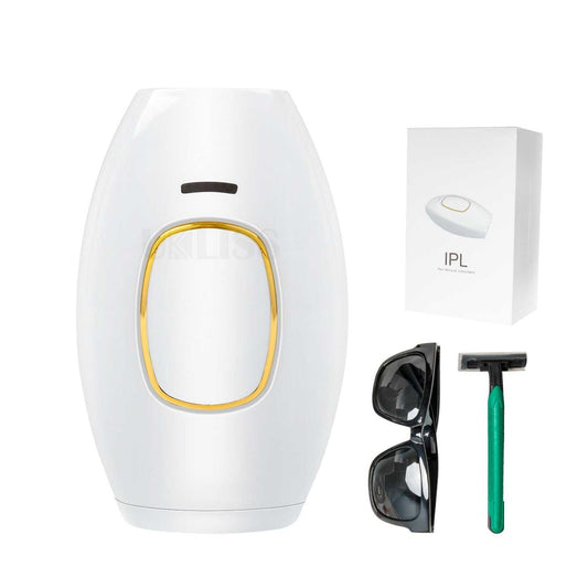 Hair Removal Set with IPL device, sunglasses, razor, and power adapter.