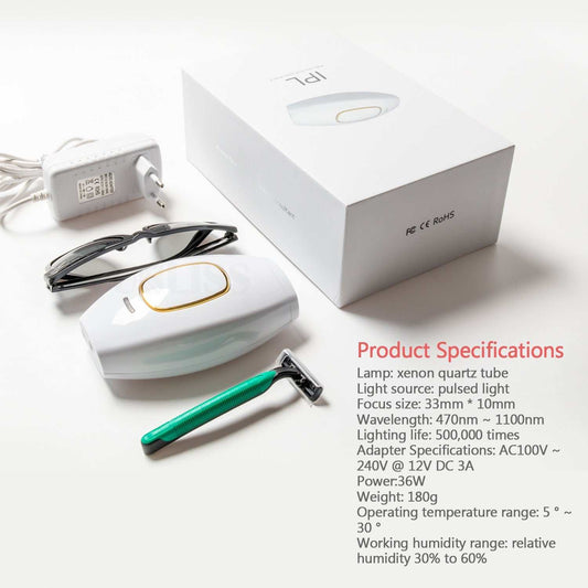 Hair Removal Set with xenon quartz tube, pulsed light, adjustable wavelength 470-1100nm, including mini device, power adapter, sunglasses, and shaving knife for smooth skin.