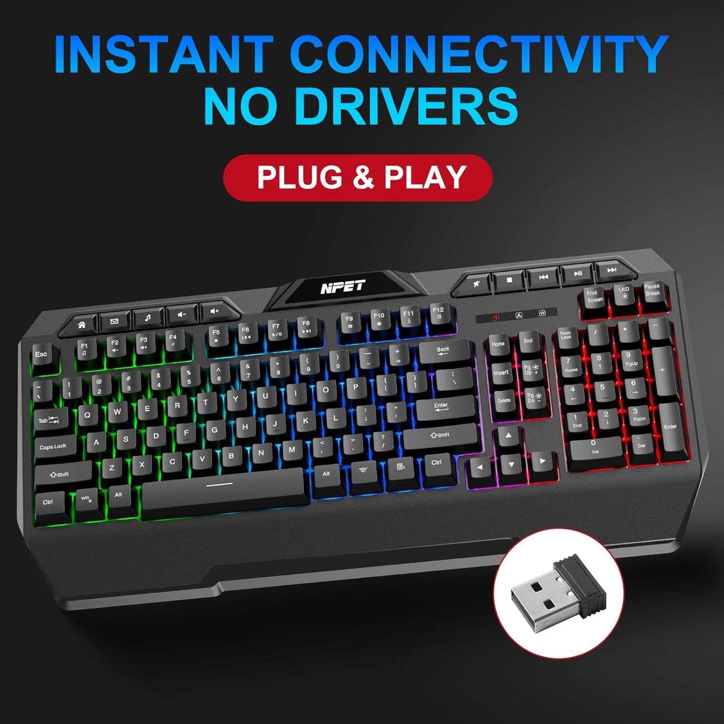 K32 Wireless Gaming Keyboard RGB with Wrist Rest - Long-Lasting Rechargeable Battery - Quick and Quiet Typing - Water Resistant Backlit Wireless Keyboard for PC PS5 PS4 Xbox One Mac - Black