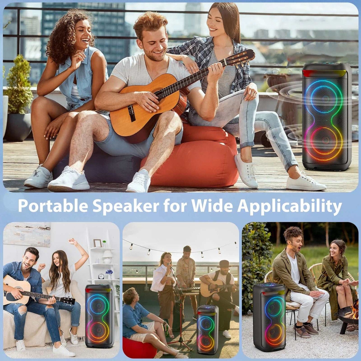Speaker, Big Bluetooth Speaker with DJ Lights, Portable Wireless Large Party Speaker with Remote Control for Outdoor