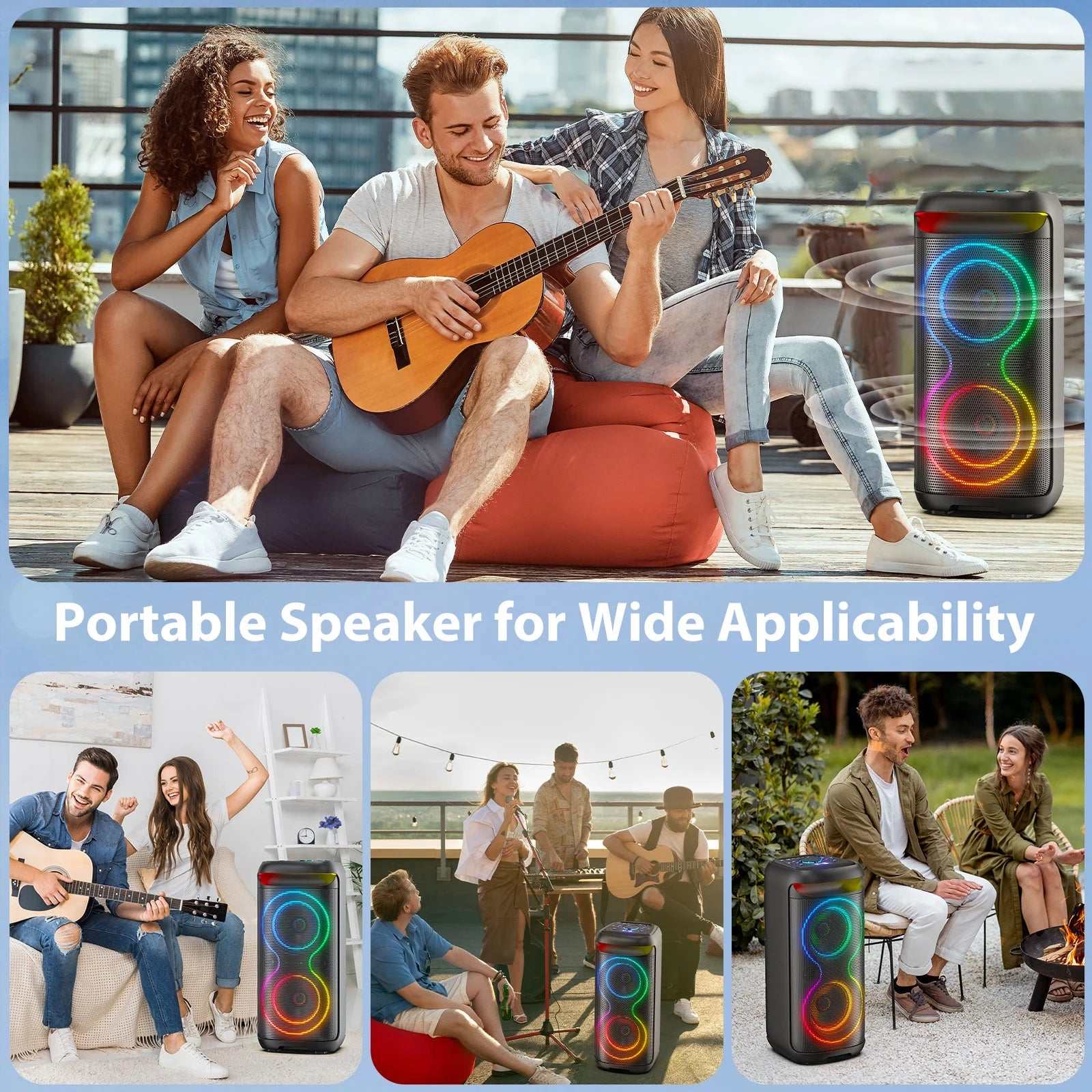 Speaker, Big Bluetooth Speaker with DJ Lights, Portable Wireless Large Party Speaker with Remote Control for Outdoor