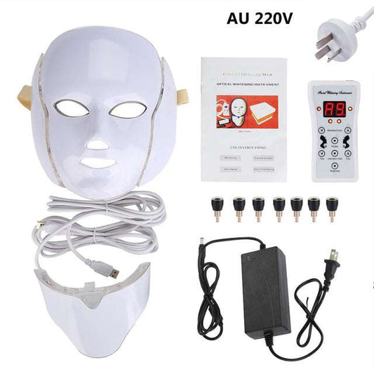 LED Facial Mask set with remote, cords, and accessories for at-home skincare therapy.