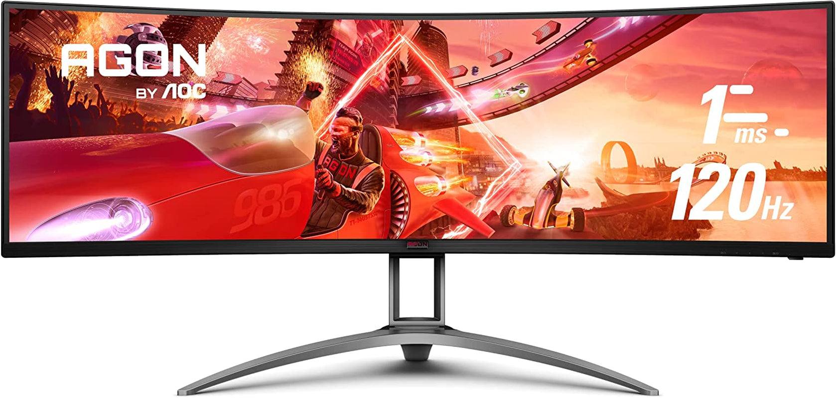 49-inch AGON curved gaming monitor with 5120x1440 DQHD resolution, 1ms response, 120Hz refresh rate, VA panel, and height-adjustable stand.