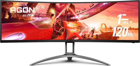 49-inch AGON curved gaming monitor with 5120x1440 DQHD resolution, 1ms response, 120Hz refresh rate, VA panel, and height-adjustable stand.