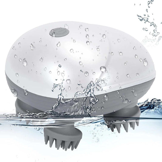 Head and Scalp Massage Device with kneading heads, vibrating nodes, and heat function in a portable design.