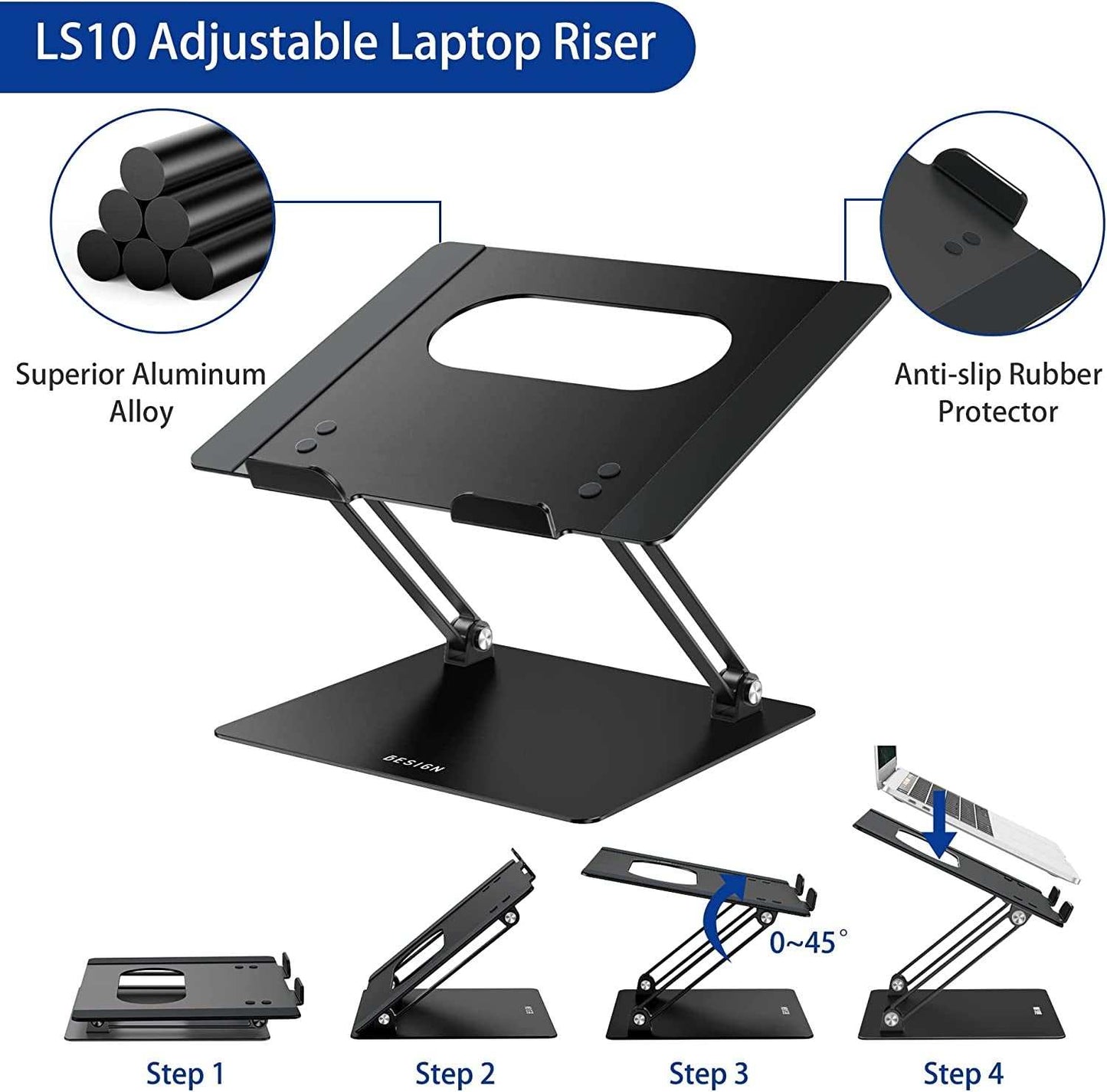 LS10 Aluminum Laptop Stand, Ergonomic Adjustable Notebook Stand, Computer Holder Compatible with Air, Pro, Dell, HP, Lenovo More 10-14" Laptops, Black