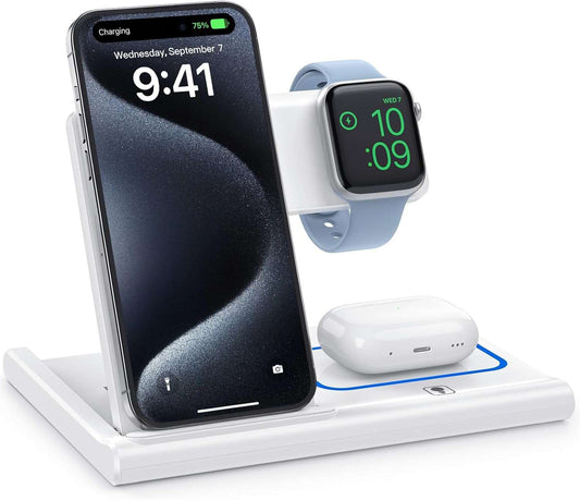 Foldable induction charger 3-in-1 wireless charging station for iPhone, Apple Watch, and AirPods in white with adjustable phone holder