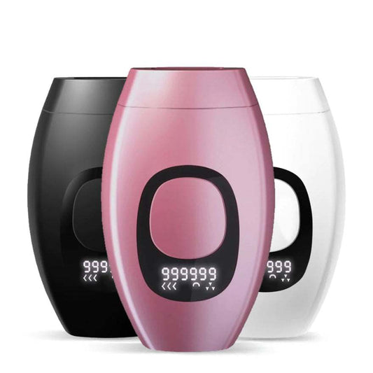 IPL Laser Hair Removal Epilator with 999,999 flashes and adjustable light intensity in black, pink, and white options.