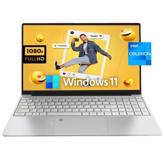 15.6 inch Full HD Windows 11 Pro laptop with Intel Celeron N5095, 16GB RAM, 512GB SSD, backlit keyboard, fingerprint sensor, silver design