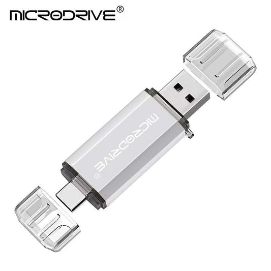 Silver 2-in-1 Type C USB 2.0 flash drive with transparent caps and Microdrive logo, portable data storage device