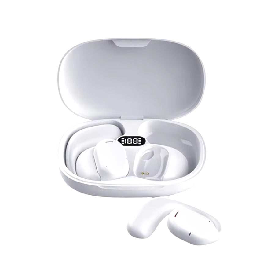 Wireless white language translation earbuds with charging case and LED display for battery status.
