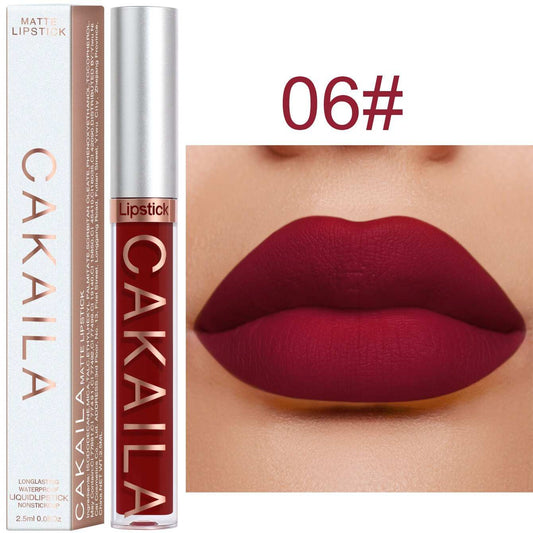 Lipstick Matte Non-stick Cup in deep red shade with packaging, featuring a velvet matte texture for long-lasting, smudge-proof wear.