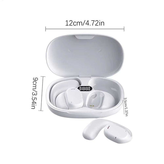 White wireless translating headphones with charging case and digital display showing battery level, compact design for travel and learning.