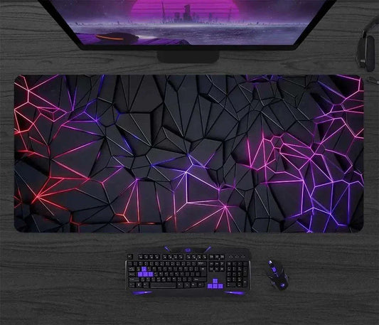 Black tech pattern mouse pad with neon geometric design, non-slip rubber cloth surface, 300x600x2mm size.