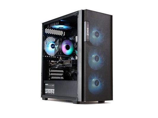 Gaming desktop PC tower with Intel i5 12400F, RTX 4060 GPU, 16GB DDR4 RAM, 500GB NVMe SSD, RGB fans, and WiFi.