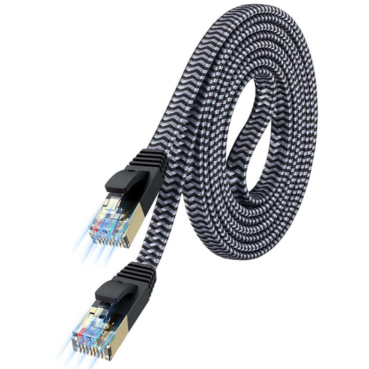Cat 7 Ethernet cable 10ft flat nylon braided high-speed shielded LAN cable with RJ45 connectors for computers and gaming devices