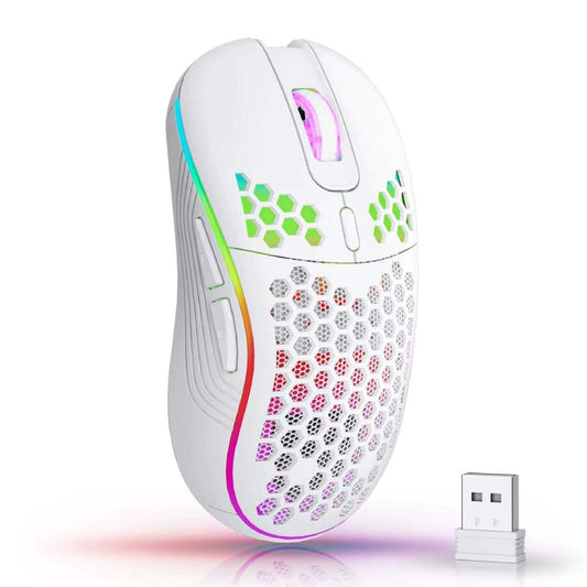White ergonomic 2.4G wireless mouse with RGB backlit honeycomb design and USB Type-C rechargeable battery