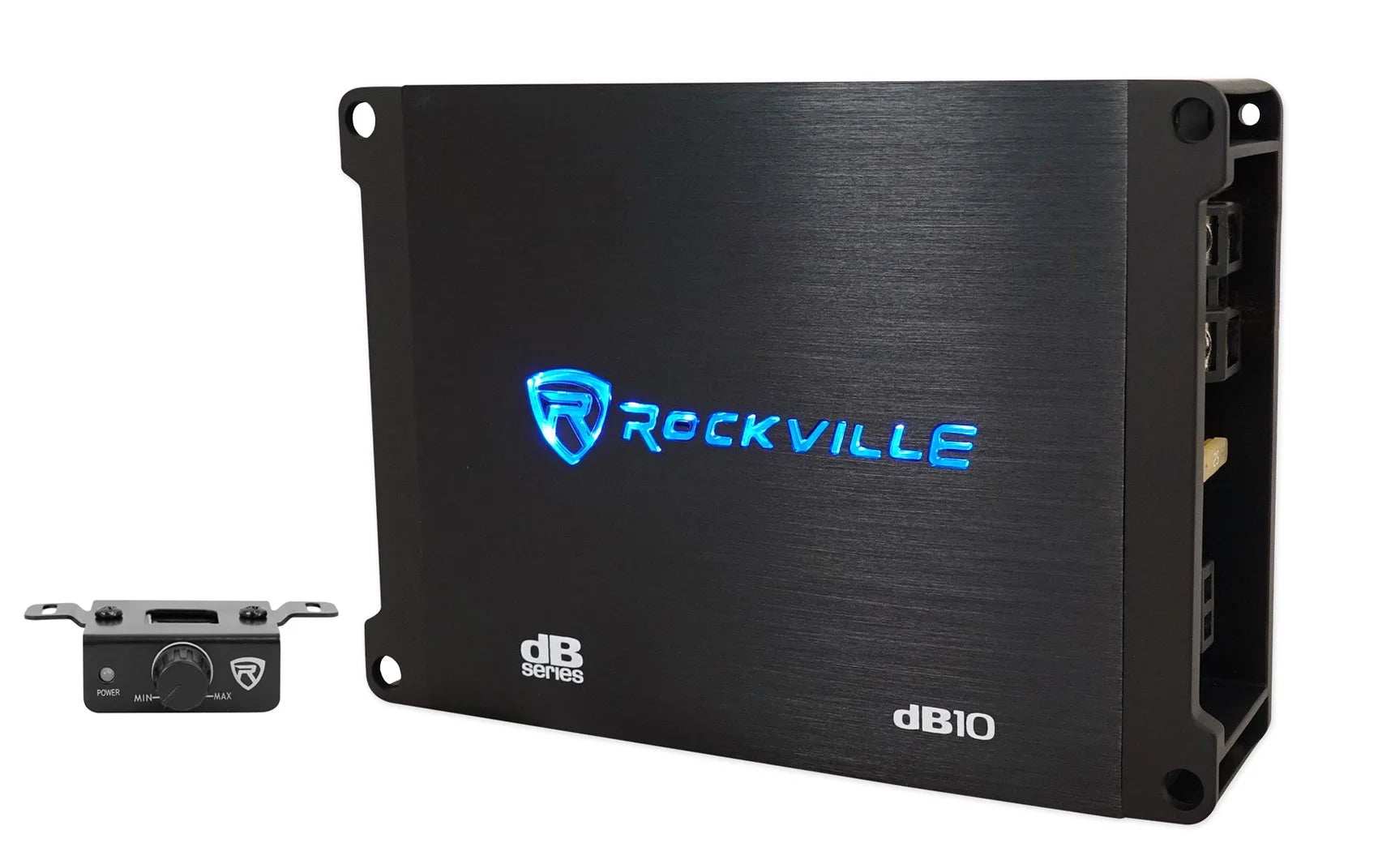 Rockville dB10 800 Watt/200 Watt mono car audio amplifier with blue LED logo and compact black metal casing