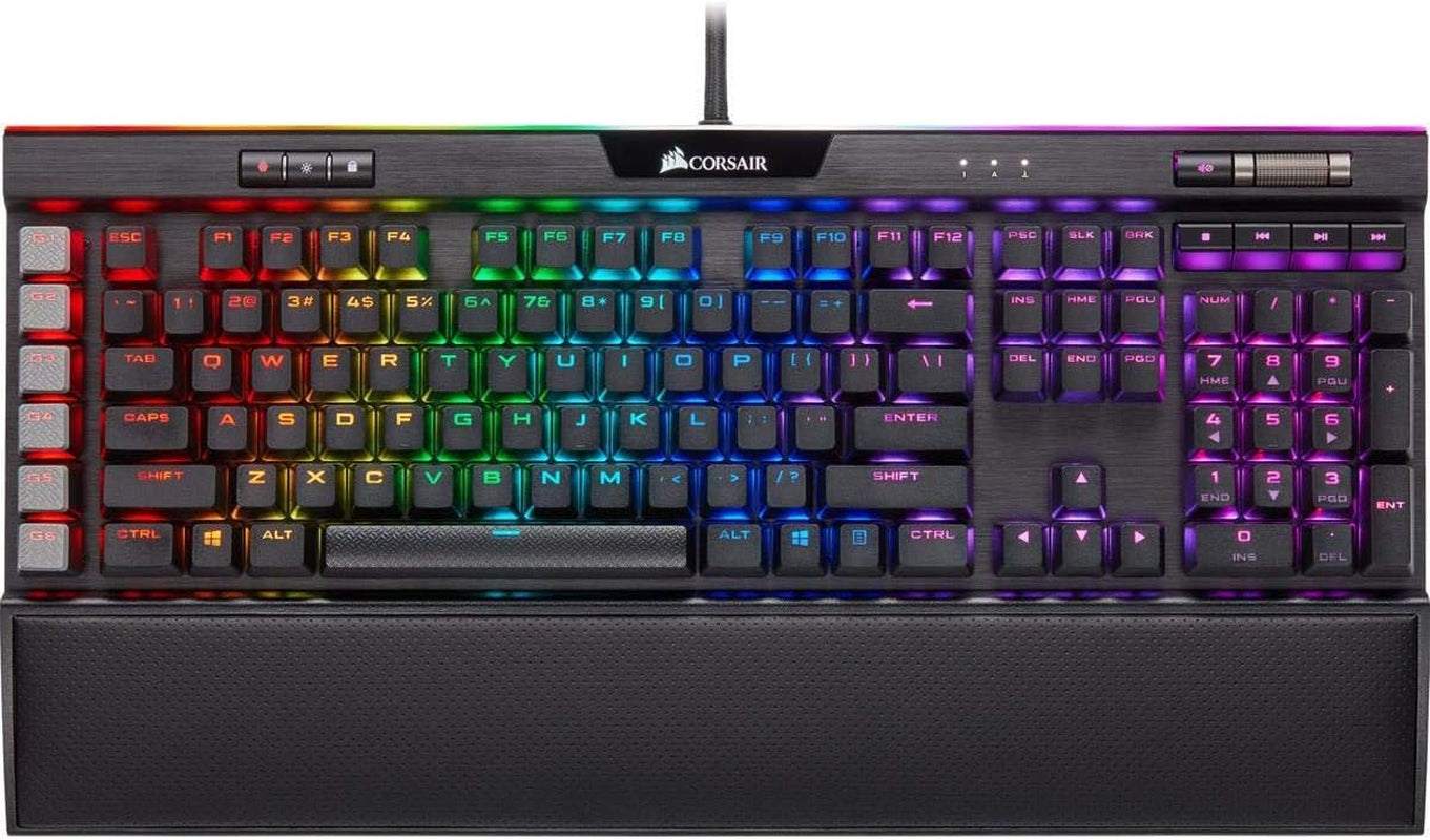 Corsair K95 RGB Platinum XT mechanical gaming keyboard with per-key RGB backlighting, Cherry MX Brown switches, dedicated macro keys, and cushioned leatherette palm rest.