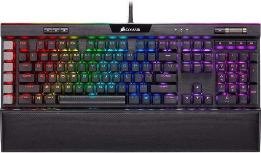 Corsair K95 RGB Platinum XT mechanical gaming keyboard with per-key RGB backlighting, Cherry MX Brown switches, dedicated macro keys, and cushioned leatherette palm rest.