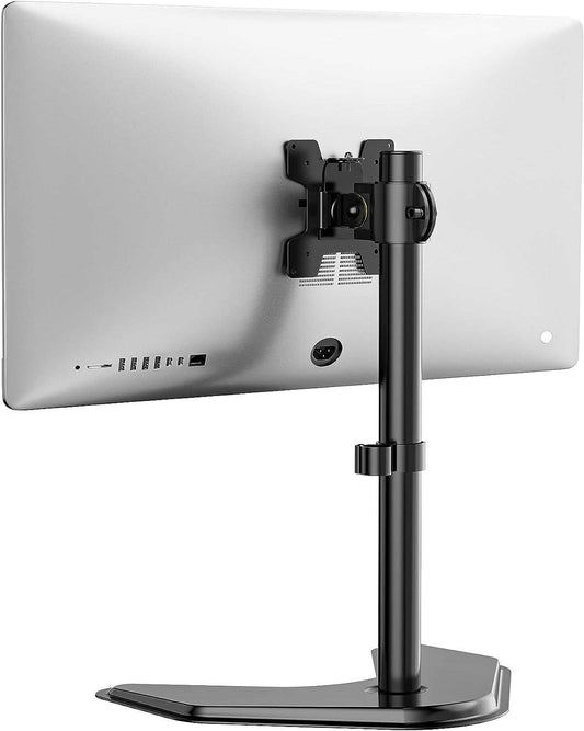 Black single monitor stand with adjustable height and VESA mount holding a computer screen.