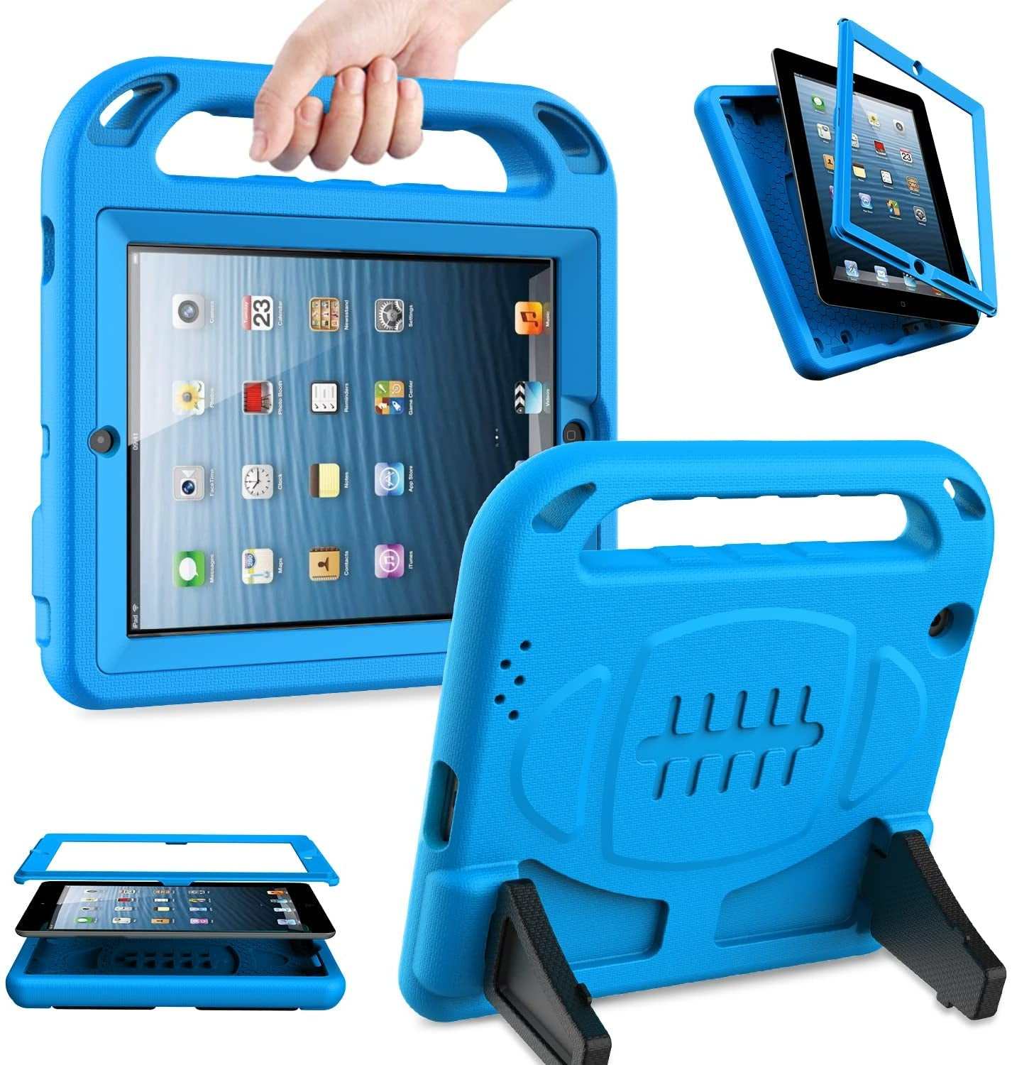 Blue kids case for iPad 2 3 4 with built-in screen protector, shockproof EVA foam, handle, and kickstand