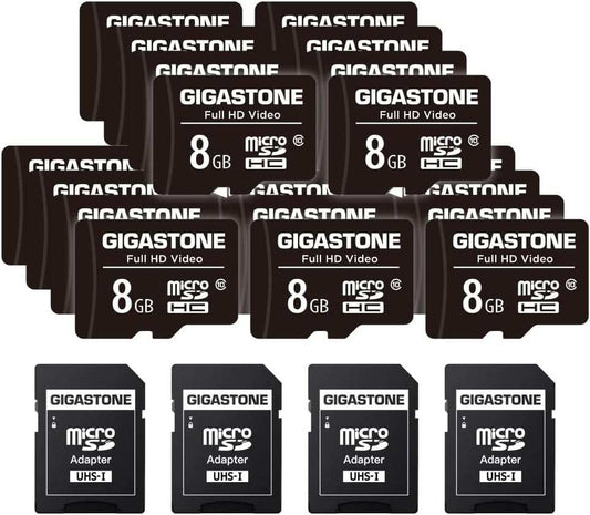 20-pack 8GB Gigastone micro SDHC cards with Full HD video support, Class 10, 4 adapters included, waterproof and shockproof