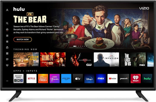 50-Inch V-Series 4K UHD LED Smart TV displaying streaming apps and TV show interface with thin bezel and dual stand legs