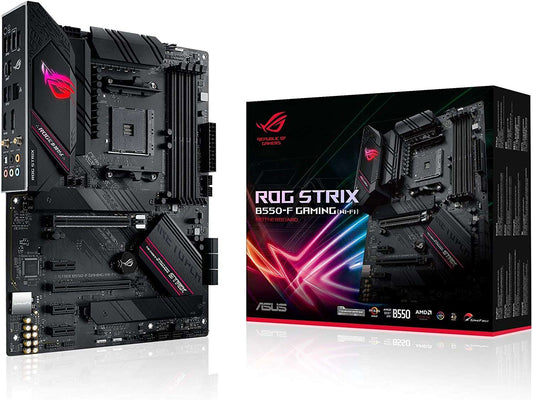 ASUS ROG Strix B550-F Gaming motherboard with AMD AM4 socket, WiFi 6, dual channel DDR4 support, PCIe 4.0 M.2 slots, and 2.5 Gb Ethernet for high-performance gaming.
