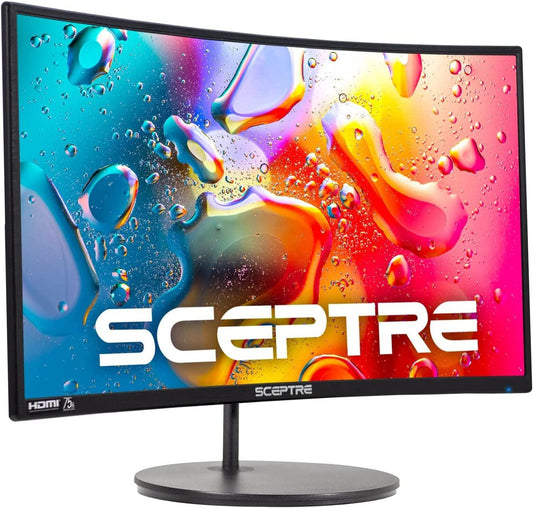 Curved 24-inch 1080P gaming monitor with 1800R curvature, 75Hz refresh rate, HDMI, VGA ports, built-in speakers, and VESA mount in black.