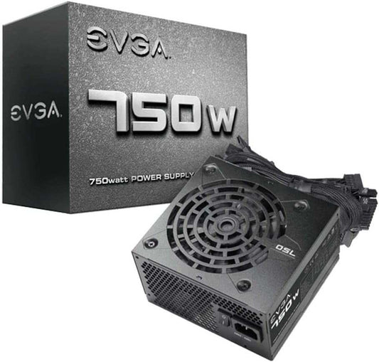 EVGA 750W N1 Series power supply with quiet 120mm fan and heavy-duty protections.