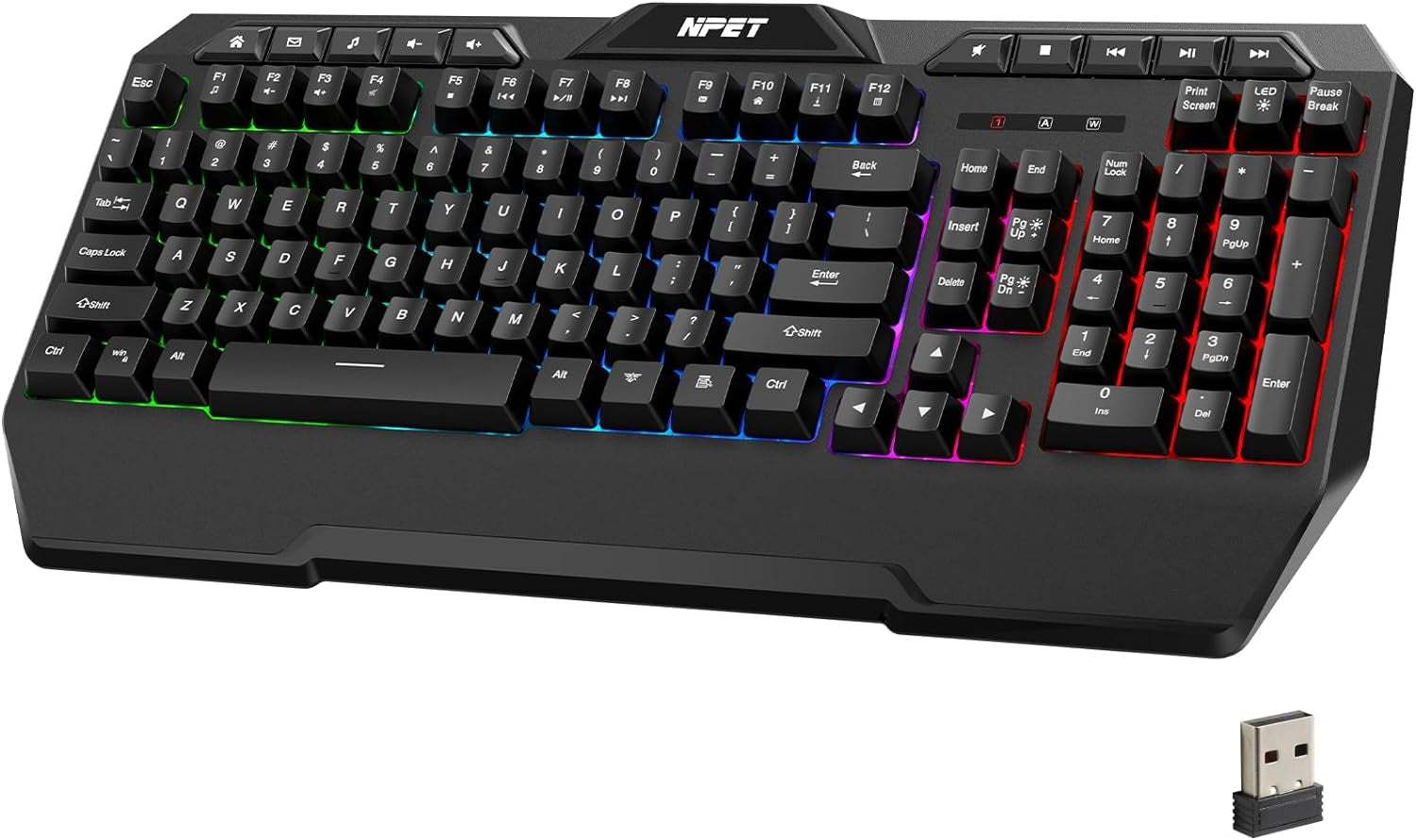 Black wireless gaming keyboard with RGB backlighting, wrist rest, and compact USB receiver for PC and console gaming.