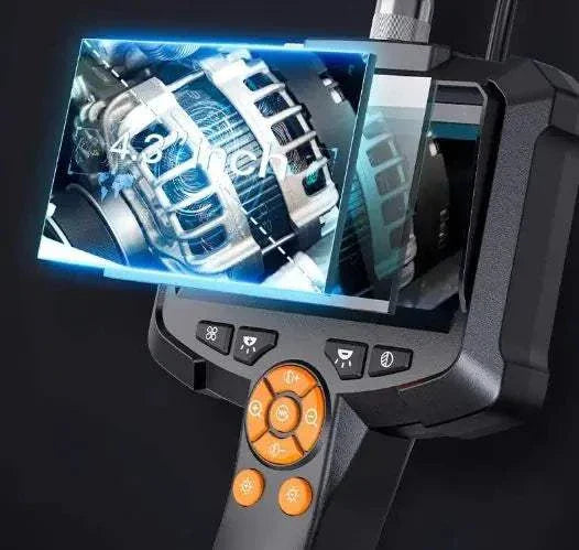 Industrial endoscope camera displaying detailed mechanical inspection on screen