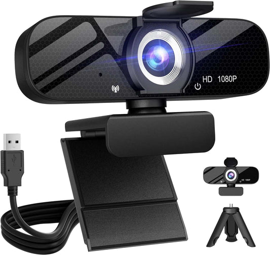 Full HD 1080P webcam with privacy shutter, built-in microphone, wide 110-degree angle, USB plug and play, and included tripod stand for laptops and desktops.