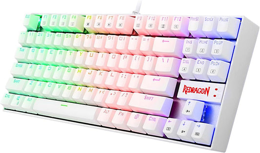 White 87-key compact mechanical gaming keyboard with RGB backlighting and Cherry MX Blue equivalent switches