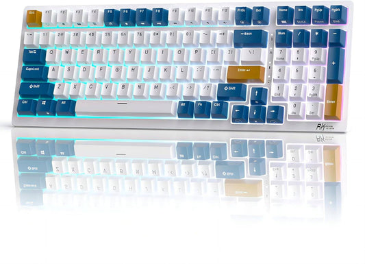 White and blue RK98 wireless mechanical keyboard with number pad and RGB backlighting, hot swappable brown switches, and triple mode connectivity.