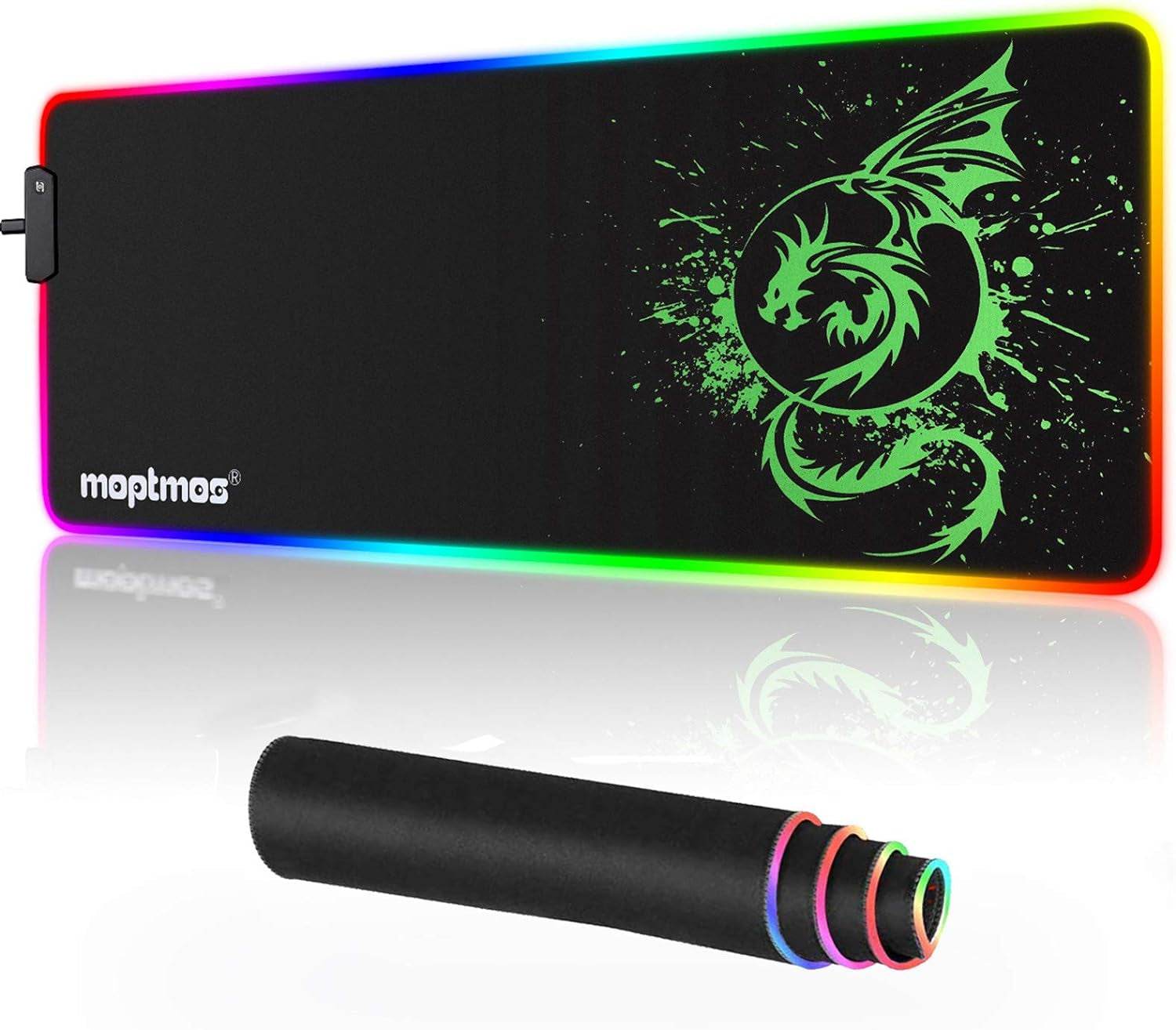 Large RGB mouse pad with anime dragon design, LED lighting with 15 modes, waterproof surface, and anti-slip rubber base, 31.5 x 12 inches for gaming and office use.