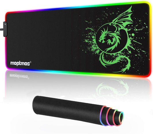 Large RGB mouse pad with anime dragon design, LED lighting with 15 modes, waterproof surface, and anti-slip rubber base, 31.5 x 12 inches for gaming and office use.