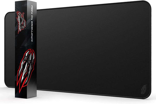 Large XXXL black gaming mouse pad with stitched edges and nonslip rubber base, extended size 48x24 inches for full desk coverage.